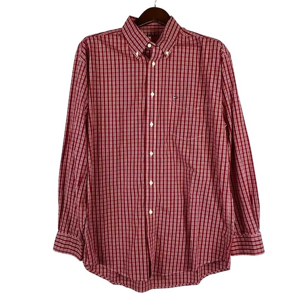 Tommy Hilfiger Mens L Button Down Shirt Red White Plaid Flag Logo Classic Preppy